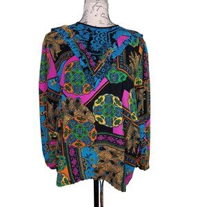Vintage Diane Freis Large Georgette Blouse, Ruffle, Peacock Paisley Bright